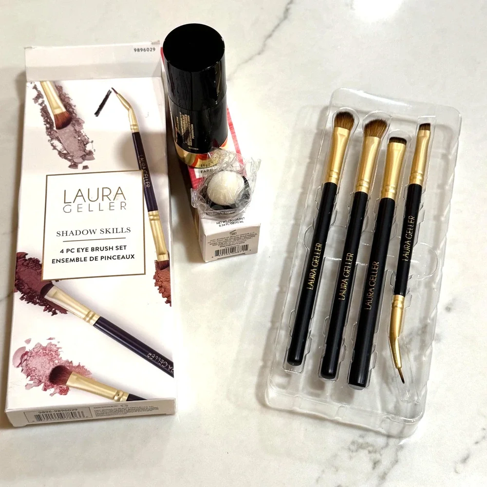 Laura Geller Makeup Bundle Shadow Skills 4pc Eye Brush Set + Serum Blush New Box